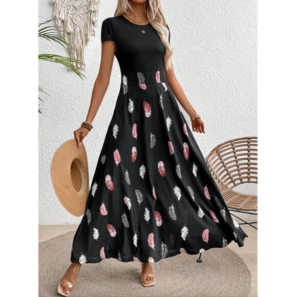 Black Printed Feather Patterned Dress - Picture 1 of 9